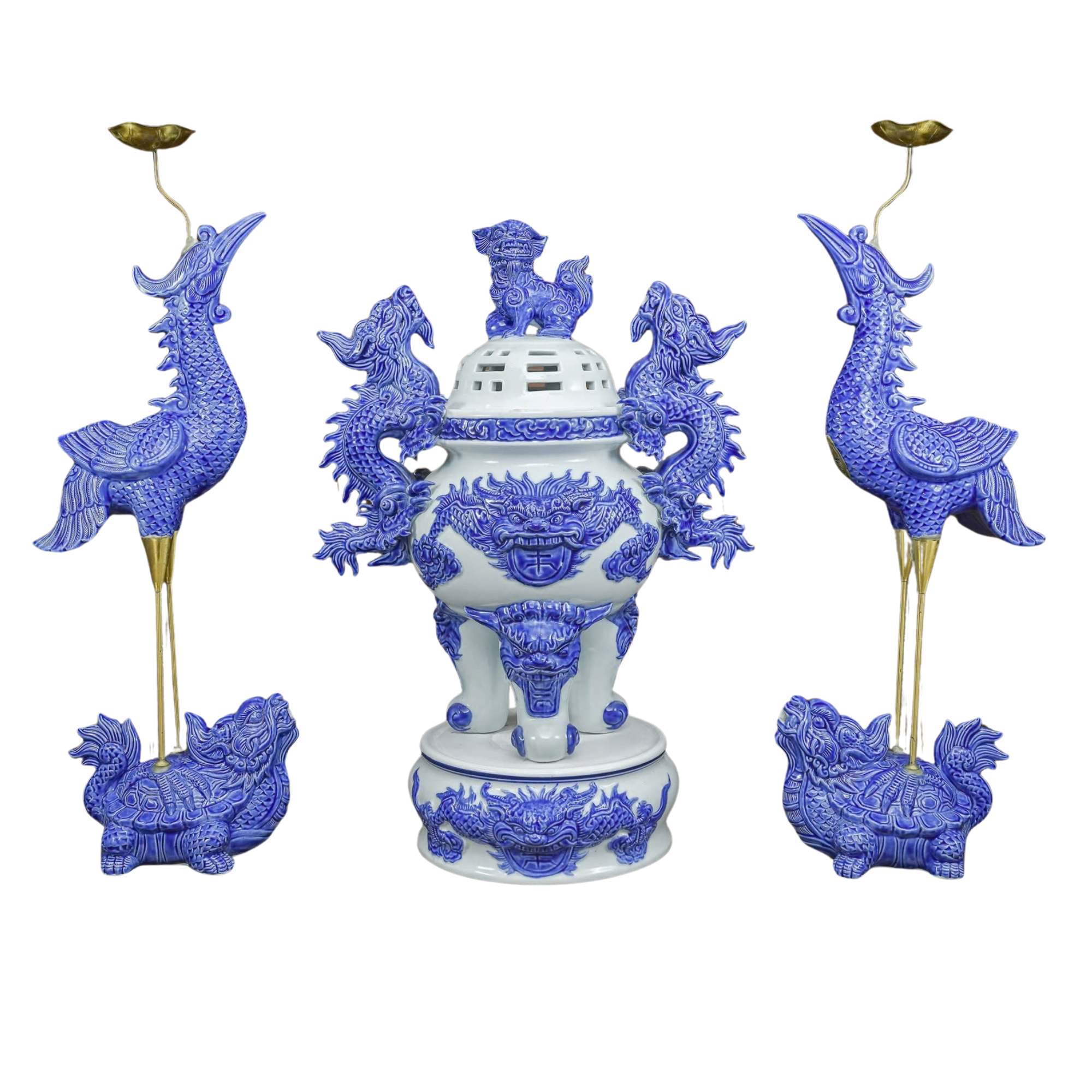 Heritage T&T Imperial Altar Set with Cranes Tâm An  – 1 Set (3 Pieces) – Bat Trang Handmade Vietnam