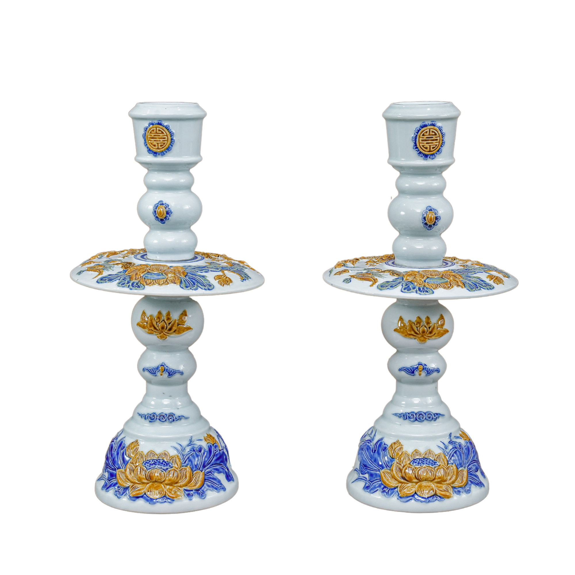 Heritage T&T Altar Candle Tree Tâm An – Ceramic Pair (2 Pieces) – Bat Trang Vietnam