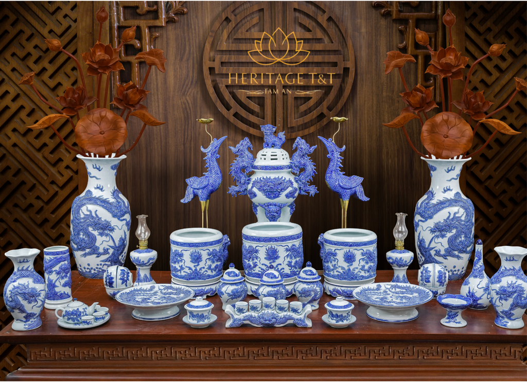 Heritage T&T Tall Dragon Prosperity Vase Tâm An  – 1 Pair – Bat Trang Handmade Vietnam