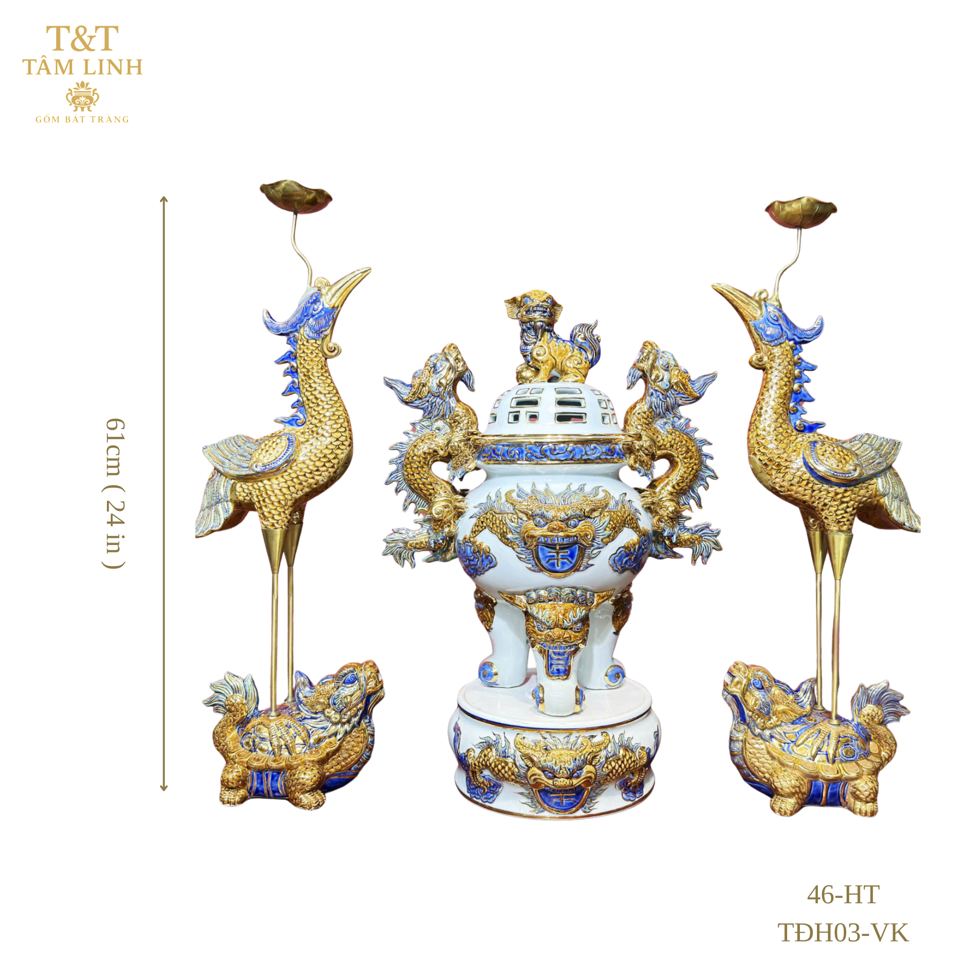 Heritage T&T Imperial Altar Set with Cranes Tâm An  – 1 Set (3 Pieces) – Bat Trang Handmade Vietnam