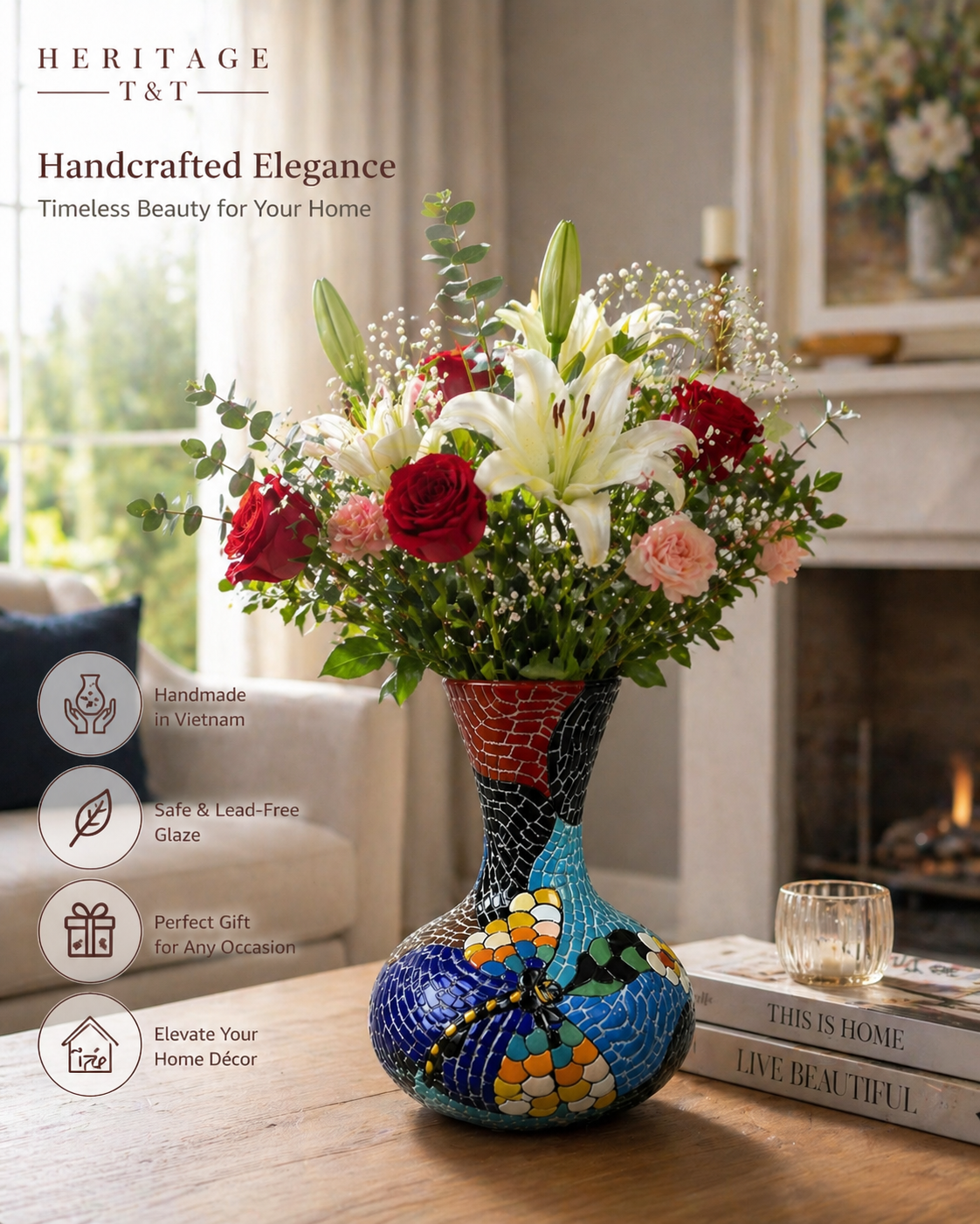 Handmade Mosaic Ceramic Vase – Dragonfly Design  – 28 cm (11 in) – Home Décor – Heritage T&T Mosaic Collection – Bat Trang Vietnam