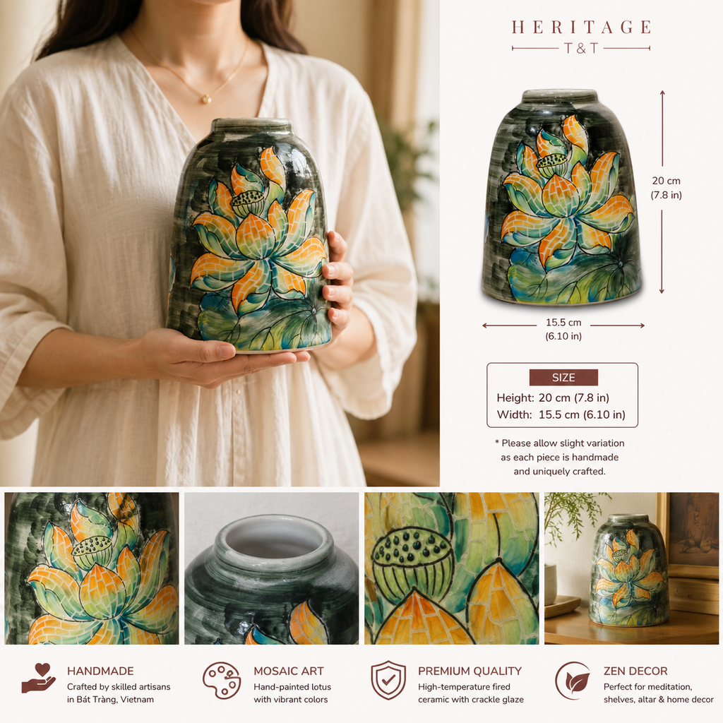 Handmade Mosaic Ceramic Vase – Lotus Design  – 20 cm (7.9 in) – Home Décor – Heritage T&T Mosaic Collection – Bat Trang Vietnam