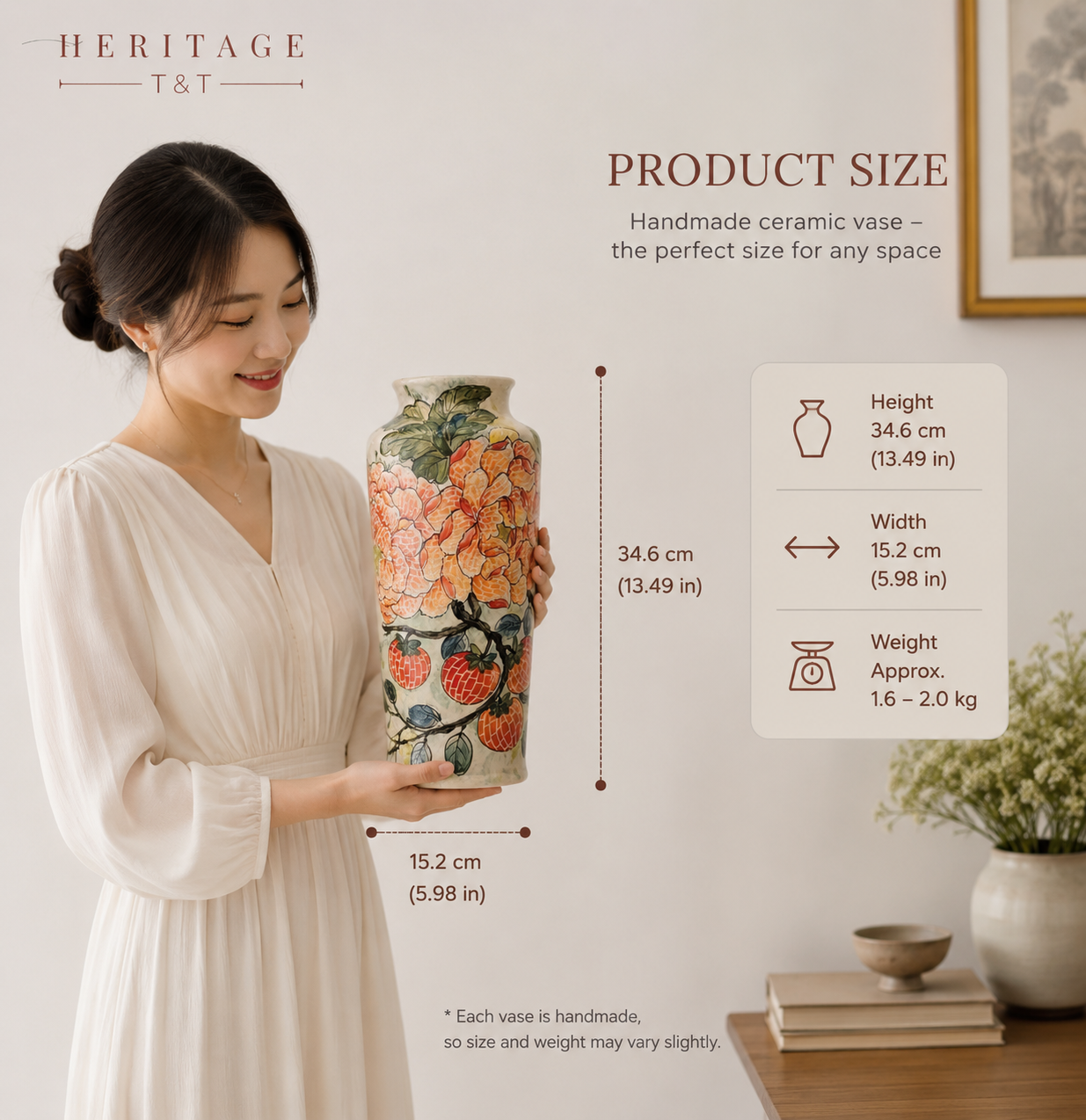 Handmade Mosaic Ceramic Vase – Flower Design  – 34.6 cm (13.6 in) – Home Décor – Heritage T&T Mosaic Collection – Bat Trang Vietnam