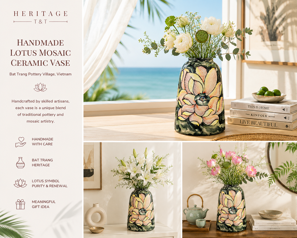 Handmade Mosaic Ceramic Vase – Lotus Design  – 31.5 cm (12.4 in) – Home Décor – Heritage T&T Mosaic Collection – Bat Trang Vietnam