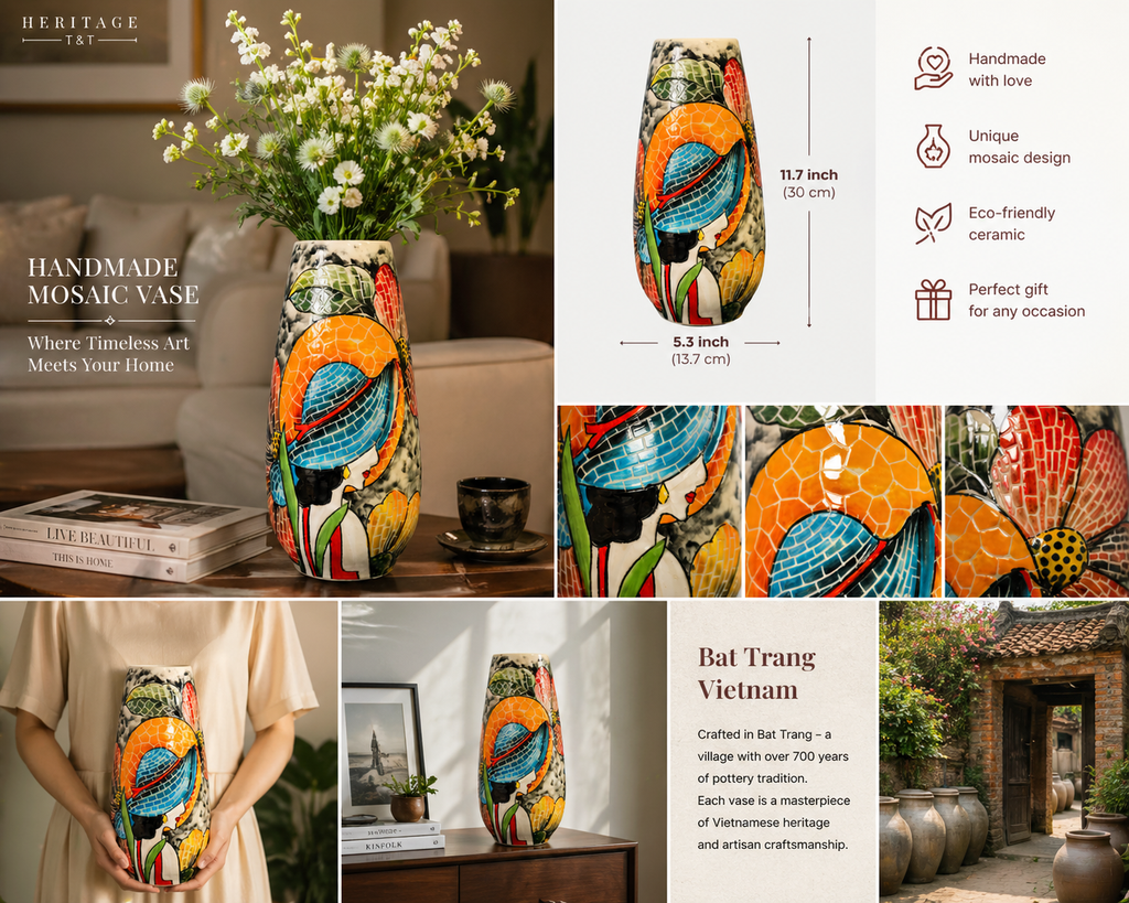 Handmade Mosaic Ceramic Vase – Lady Design  – 29 cm (11.4 in) – Home Décor – Heritage T&T Mosaic Collection – Bat Trang Vietnam