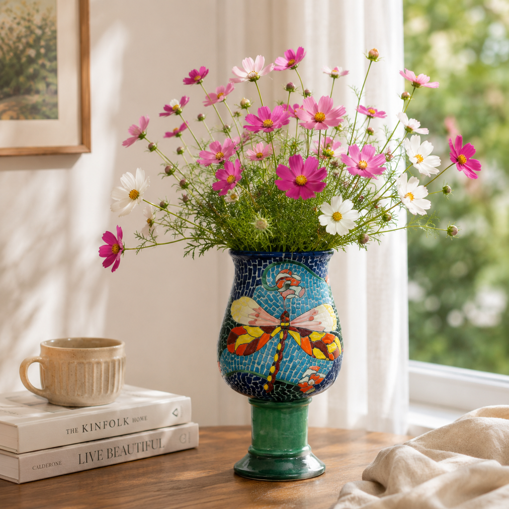 Handmade Mosaic Ceramic Vase – Dragonfly Design  – 28 cm (11 in) – Home Décor – Heritage T&T Mosaic Collection – Bat Trang Vietnam