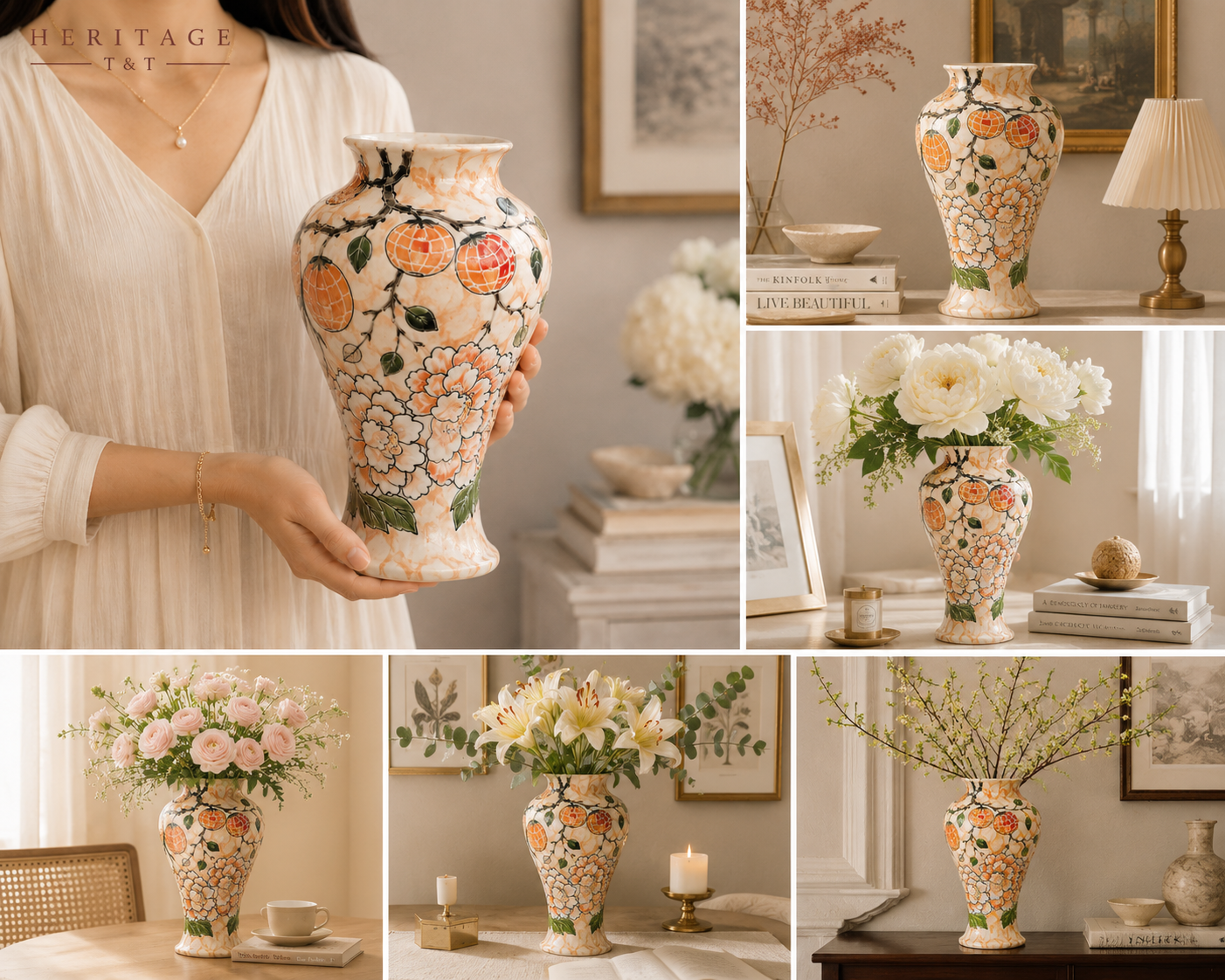 Handmade Mosaic Ceramic Vase – Flower Design  – 35 cm (13.8 in) – Home Décor – Heritage T&T Mosaic Collection – Bat Trang Vietnam