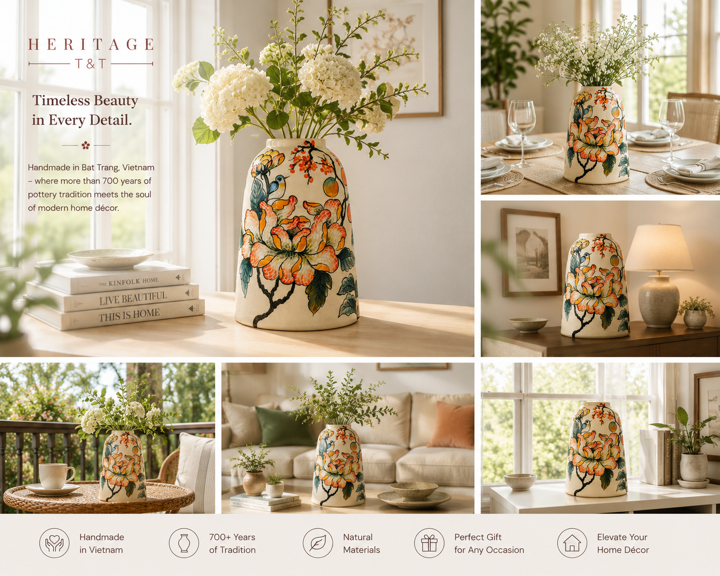 Handmade Mosaic Ceramic Vase – Flower Design  – 31.5 cm (12.4 in) – Home Décor – Heritage T&T Mosaic Collection – Bat Trang Vietnam