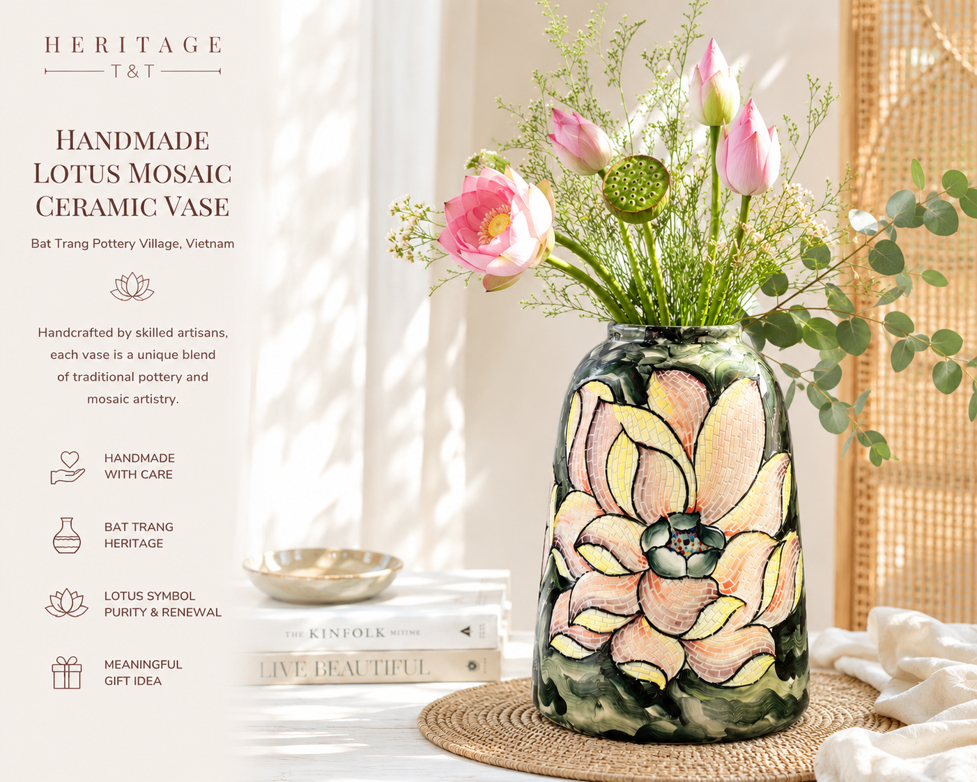 Handmade Mosaic Ceramic Vase – Lotus Design  – 31.5 cm (12.4 in) – Home Décor – Heritage T&T Mosaic Collection – Bat Trang Vietnam