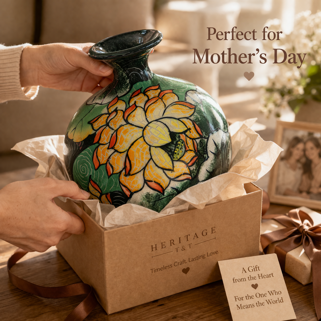 Handmade Mosaic Ceramic Vase – Lotus Design  – 25 cm (9.8 in) – Home Décor – Heritage T&T Mosaic Collection – Bat Trang Vietnam