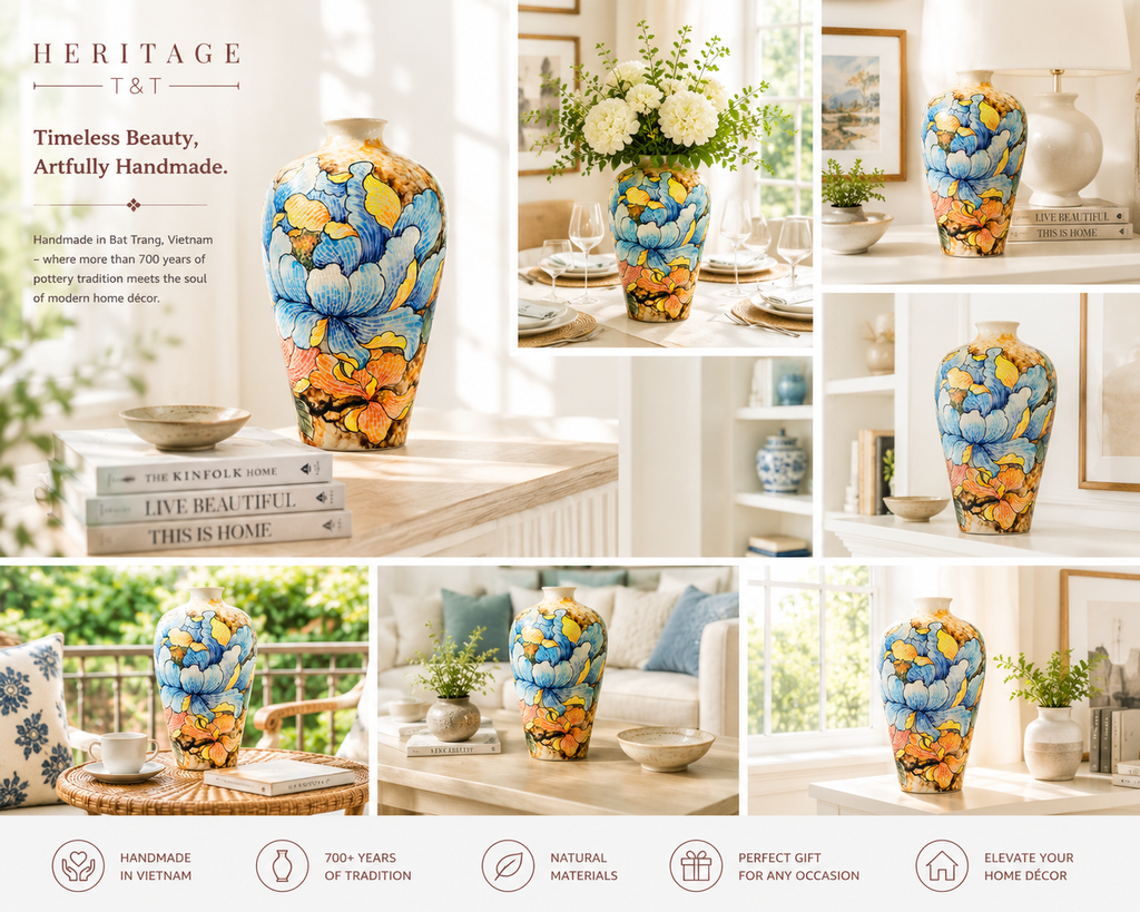Handmade Mosaic Ceramic Vase – Flower Design  – 40 cm (15.7 in) – Home Décor – Heritage T&T Mosaic Collection – Bat Trang Vietnam