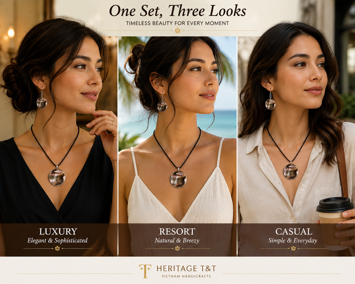 Natural Shell Statement Necklace Earrings Set – Abalone  Mother of Pearl – Heritage TT