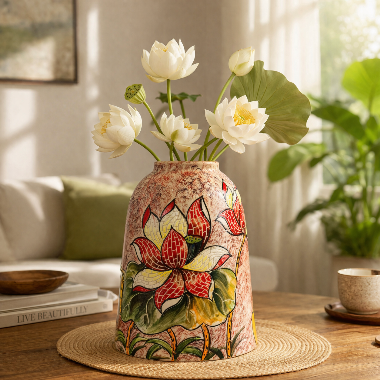 Handmade Mosaic Ceramic Vase – Lotus Design  – 26 cm (10.2 in) – Home Décor – Heritage T&T Mosaic Collection – Bat Trang Vietnam