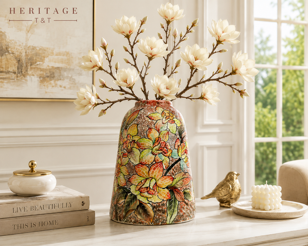 Handmade Mosaic Ceramic Vase – Flower Design  – 31.5 cm (12.4 in) – Home Décor – Heritage T&T Mosaic Collection – Bat Trang Vietnam