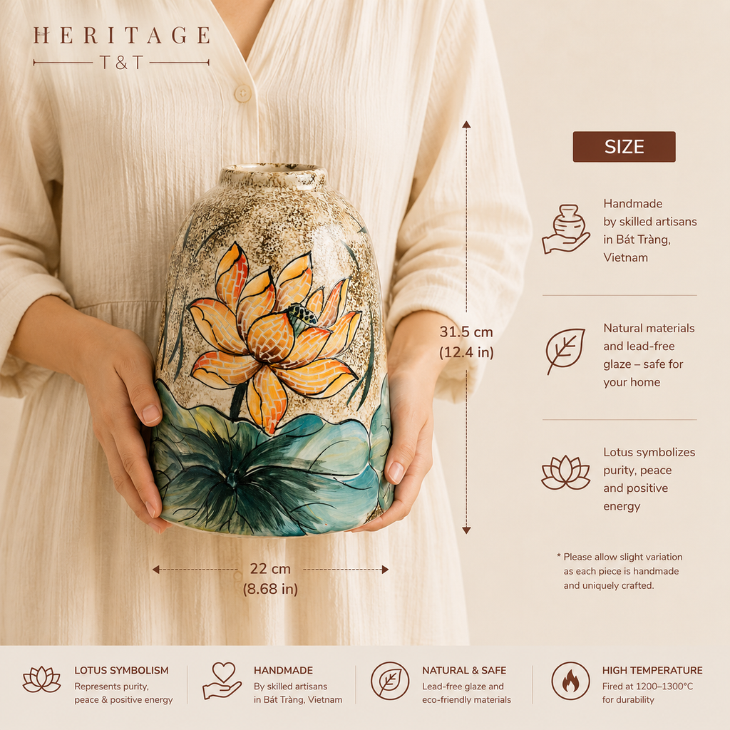 Handmade Mosaic Ceramic Vase – Lotus Design  – 31.5 cm (12.4 in) – Home Décor – Heritage T&T Mosaic Collection – Bat Trang Vietnam