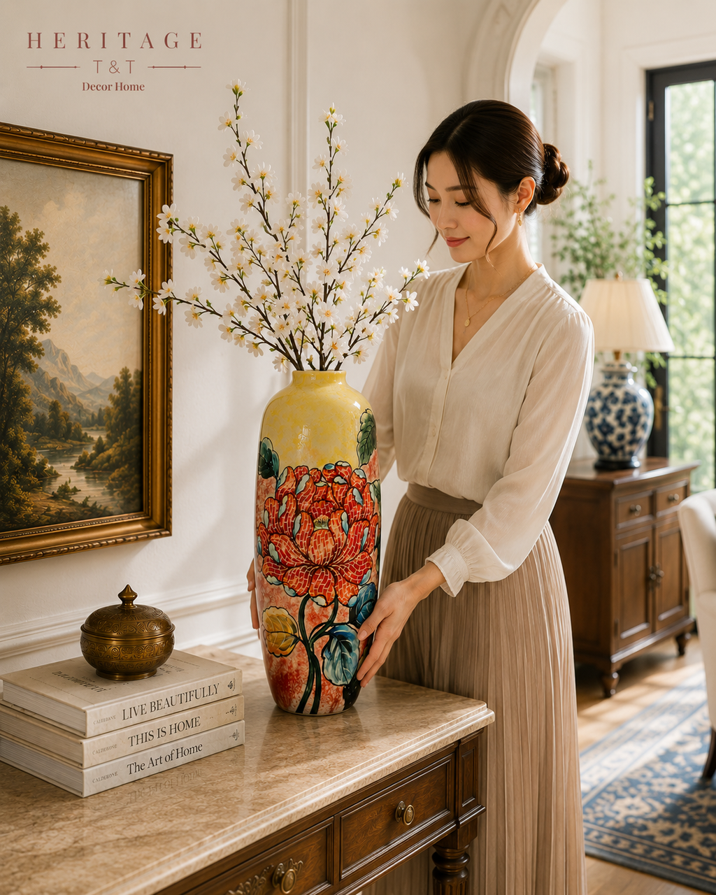 Handmade Mosaic Ceramic Vase – Flower Design  – 40 cm (15.7 in) – Home Décor – Heritage T&T Mosaic Collection – Bat Trang Vietnam