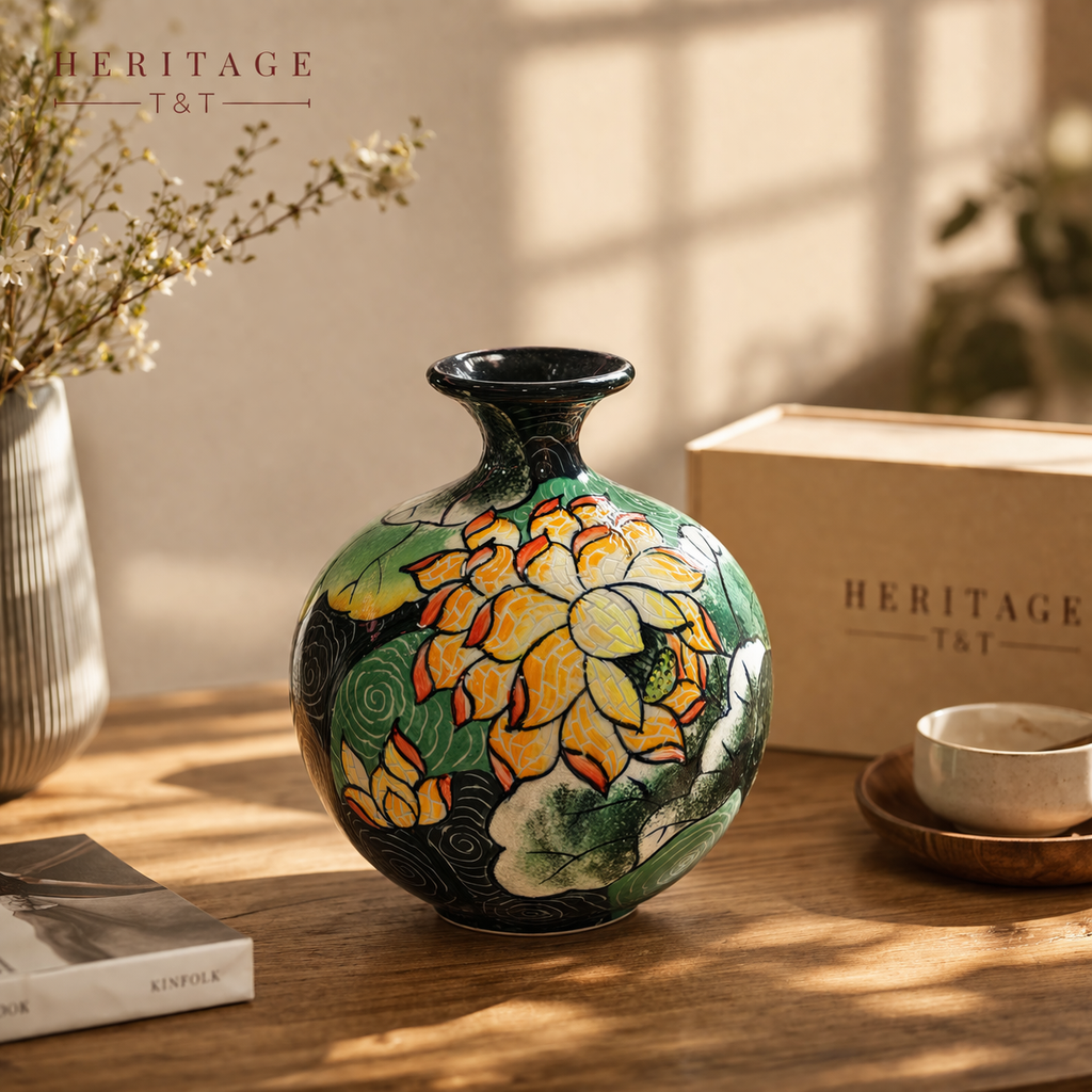 Handmade Mosaic Ceramic Vase – Lotus Design  – 25 cm (9.8 in) – Home Décor – Heritage T&T Mosaic Collection – Bat Trang Vietnam