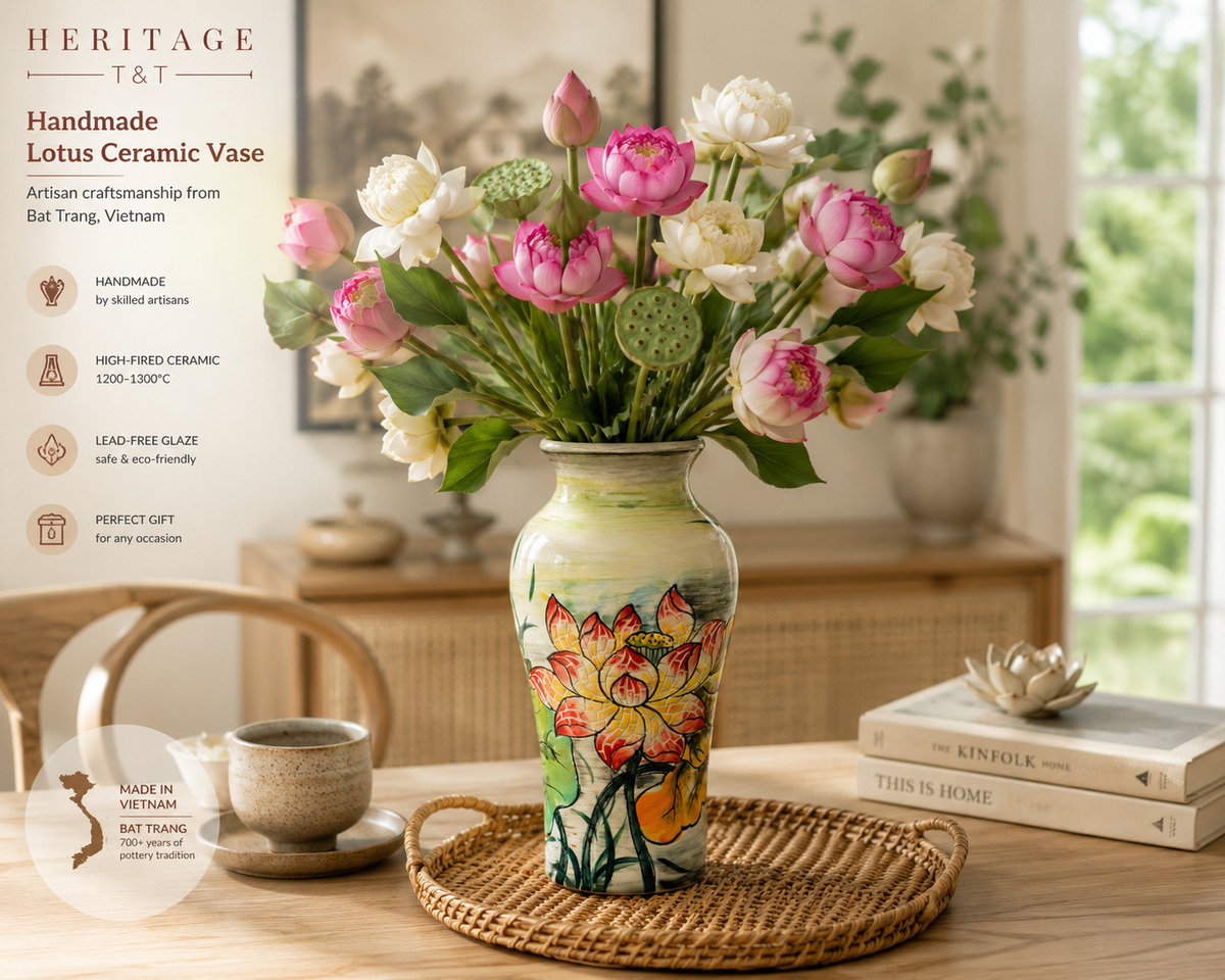 Handmade Mosaic Ceramic Vase – Lotus Design  – 26.5 cm (10.4 in) – Home Décor – Heritage T&T Mosaic Collection – Bat Trang Vietnam