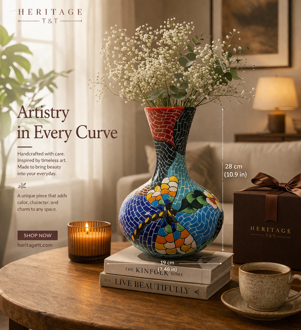 Handmade Mosaic Ceramic Vase – Dragonfly Design  – 28 cm (11 in) – Home Décor – Heritage T&T Mosaic Collection – Bat Trang Vietnam