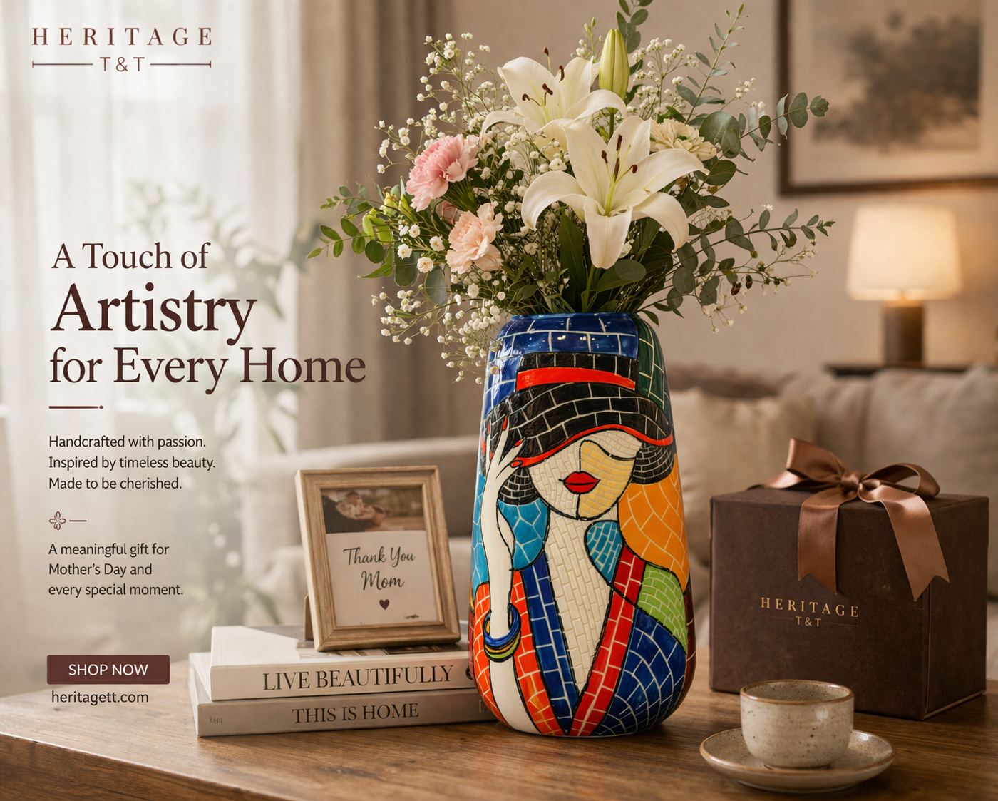 Handmade Mosaic Ceramic Vase – Lady Design  – 26 cm (10.2 in) – Home Décor – Heritage T&T Mosaic Collection – Bat Trang Vietnam