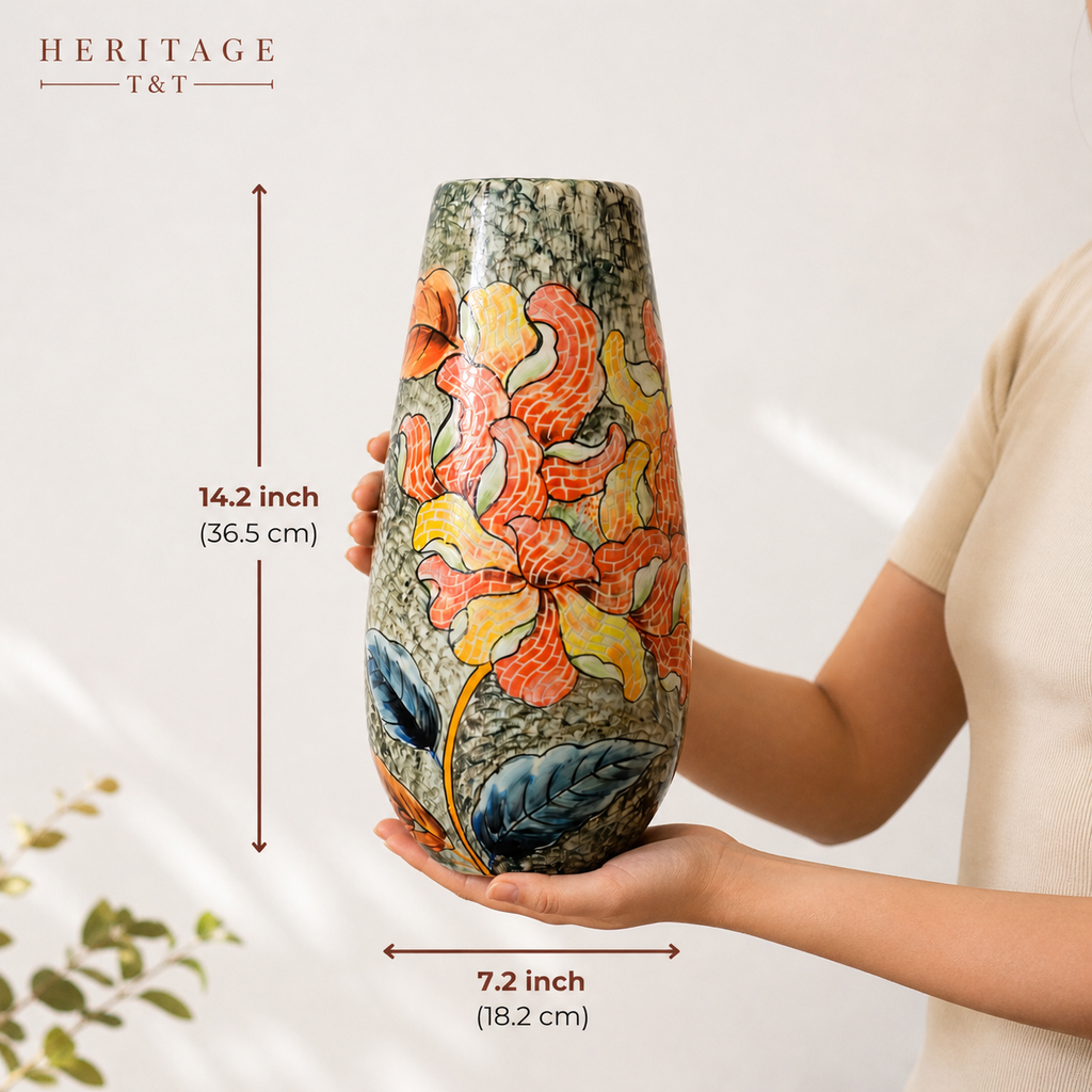 Handmade Mosaic Ceramic Vase – Flower Design  – 36.5 cm (14.4 in) – Home Décor – Heritage T&T Mosaic Collection – Bat Trang Vietnam