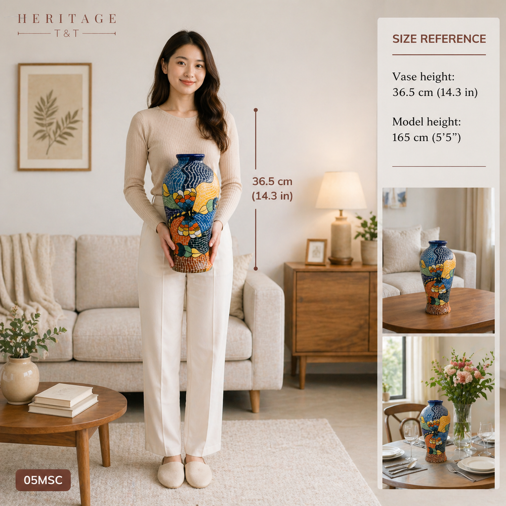 Handmade Mosaic Ceramic Vase – Dragonfly Design  – 31 cm (12.2 in) – Home Décor – Heritage T&T Mosaic Collection – Bat Trang Vietnam