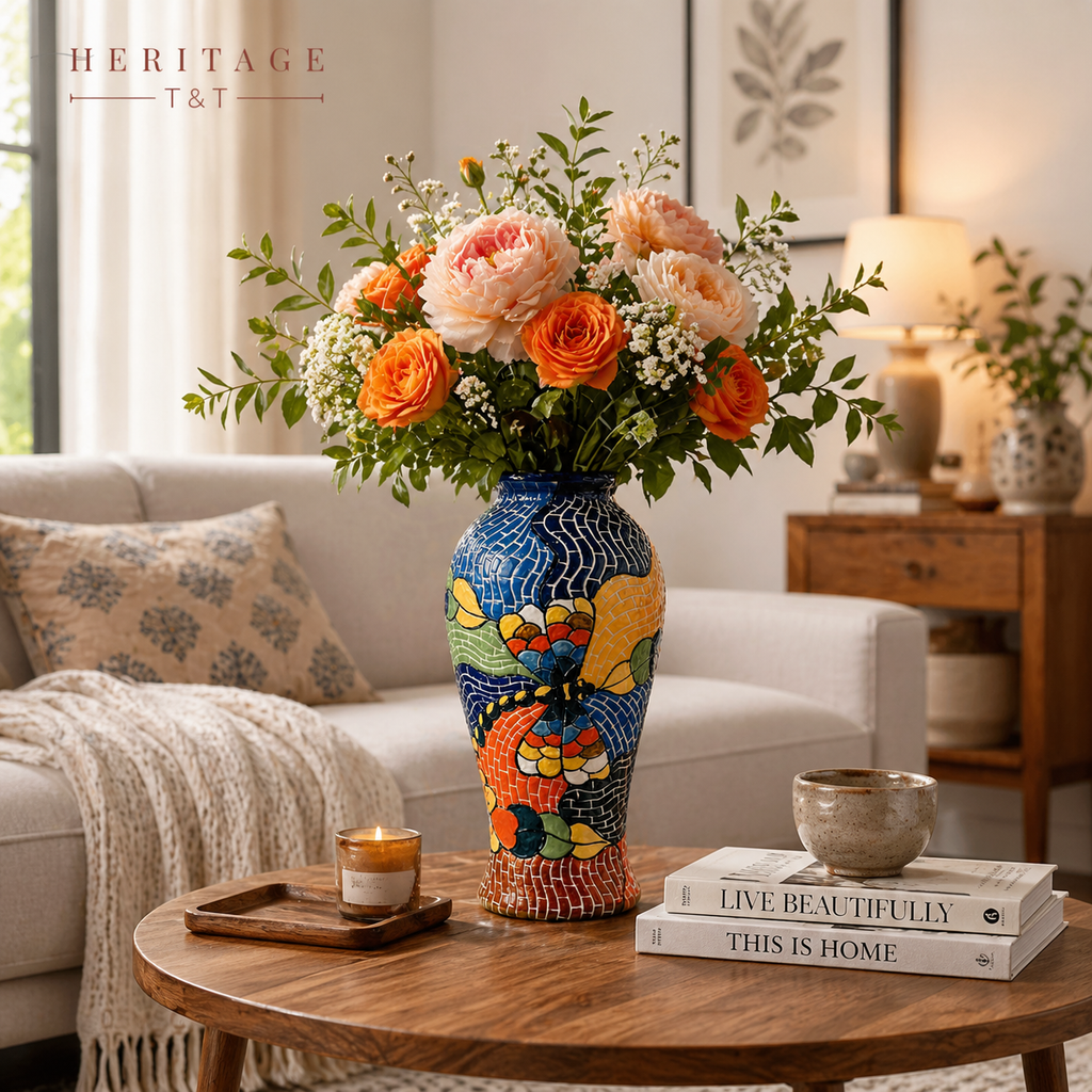 Handmade Mosaic Ceramic Vase – Dragonfly Design  – 31 cm (12.2 in) – Home Décor – Heritage T&T Mosaic Collection – Bat Trang Vietnam