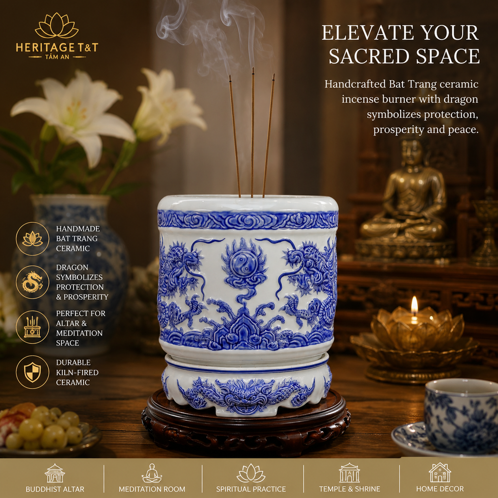 Heritage T&T Dragon Ceramic Incense Burner – Altar Tâm An – Bat Trang Handmade