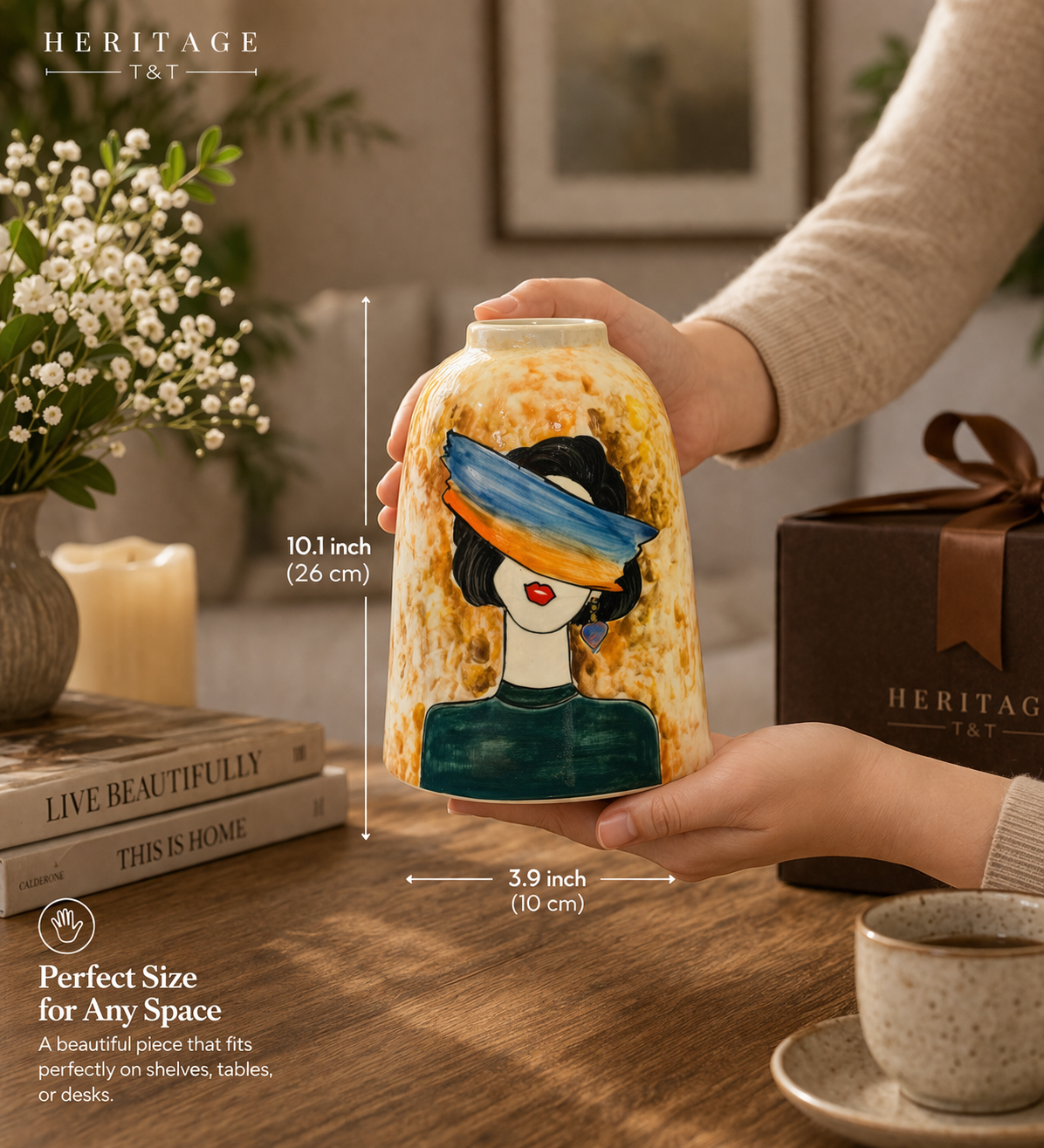 Handmade Mosaic Ceramic Vase – Abstract Lady Face Design – 10.2 in (26 cm) – Bat Trang Vietnam Home Decor