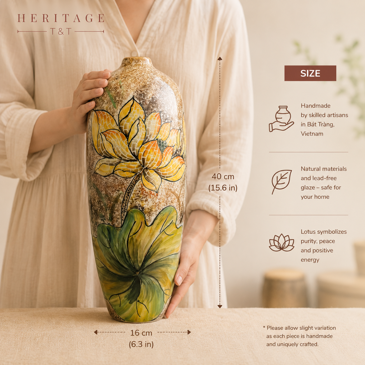 Handmade Mosaic Ceramic Vase – Lotus Design  – 40 cm (15.7 in) – Home Décor – Heritage T&T Mosaic Collection – Bat Trang Vietnam