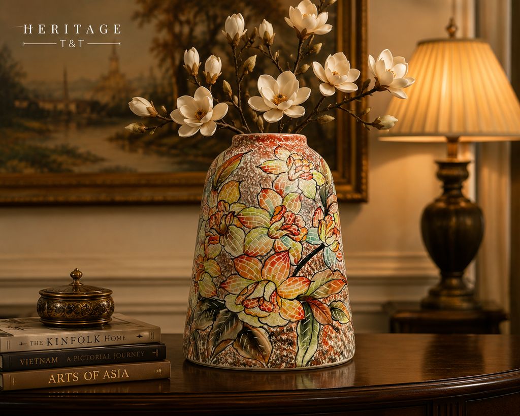 Handmade Mosaic Ceramic Vase – Flower Design  – 31.5 cm (12.4 in) – Home Décor – Heritage T&T Mosaic Collection – Bat Trang Vietnam