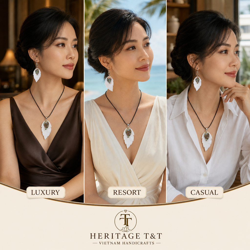 Organic Leaf Abalone - Mother of Pearl Necklace - Earrings Set – Heritage TT