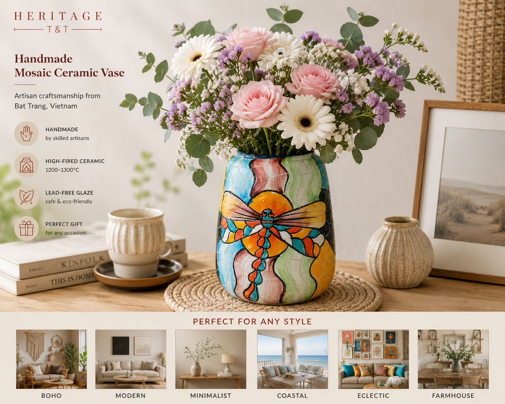 Handmade Mosaic Ceramic Vase – Dragonfly Design  – 18 cm (7.1 in) – Home Décor – Heritage T&T Mosaic Collection – Bat Trang Vietnam