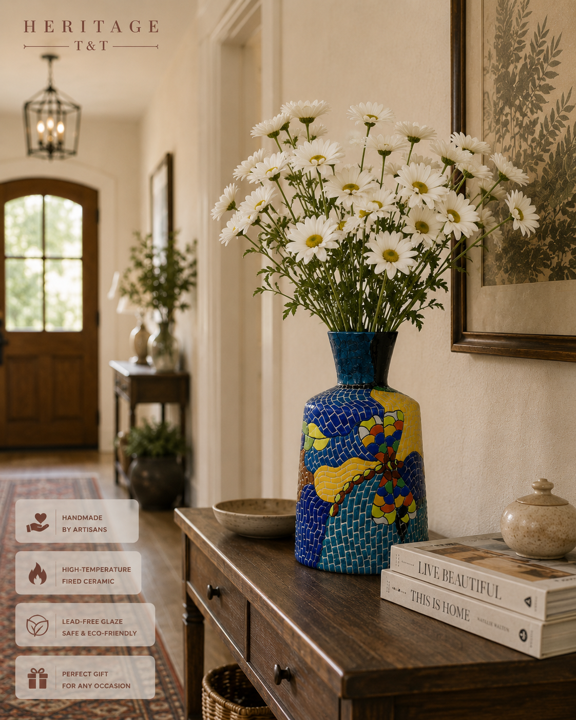 Handmade Mosaic Ceramic Vase – Dragonfly Design  – 25 cm (9.8 in) – Home Décor – Heritage T&T Mosaic Collection – Bat Trang Vietnam