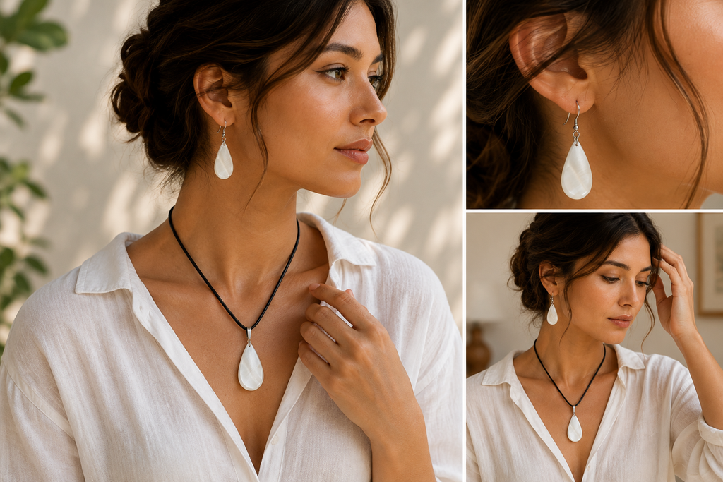 Natural Shell Statement Necklace Earrings Set – Abalone  Mother of Pearl – Heritage TT