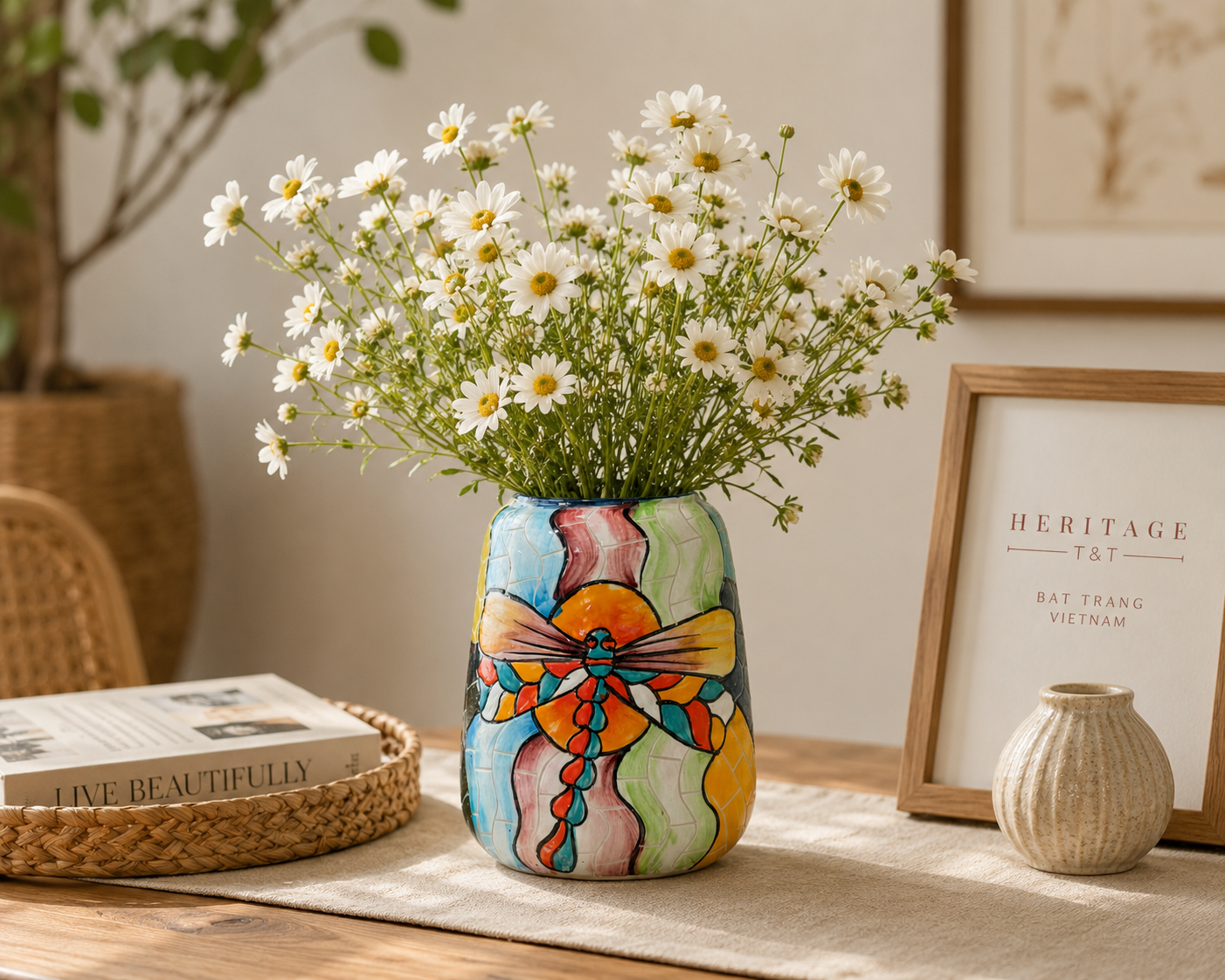 Handmade Mosaic Ceramic Vase – Dragonfly Design  – 18 cm (7.1 in) – Home Décor – Heritage T&T Mosaic Collection – Bat Trang Vietnam