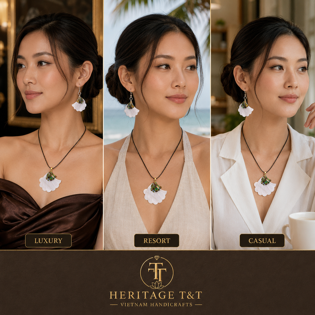 Floral Abalone and Mother of Pearl Necklace and Earrings Set – Heritage TT