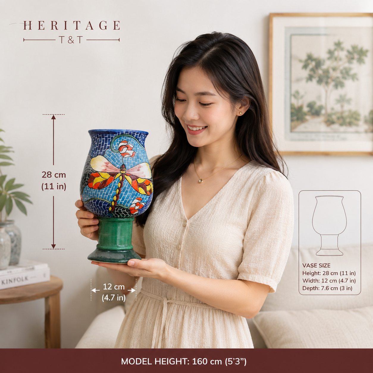 Handmade Mosaic Ceramic Vase – Dragonfly Design  – 28 cm (11 in) – Home Décor – Heritage T&T Mosaic Collection – Bat Trang Vietnam