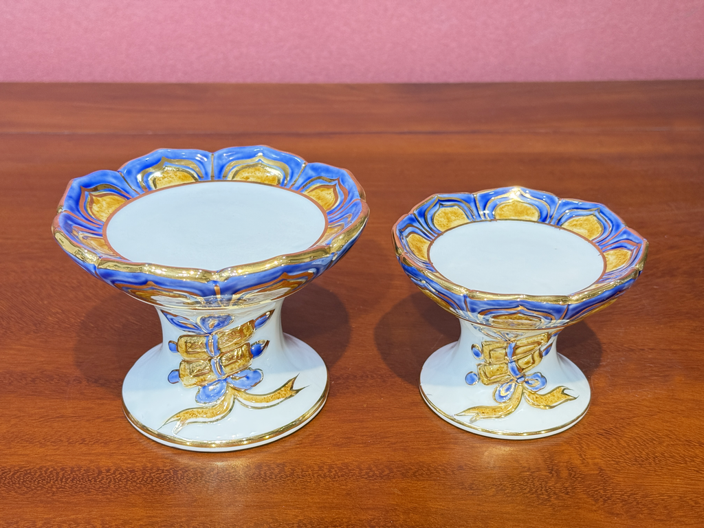 Heritage T&T Ceramic Candle Stand Altar Tâm An Hand-Painted Golden Motif Height 8 cm – 1 Pair – Bat Trang Handmade Vietnam