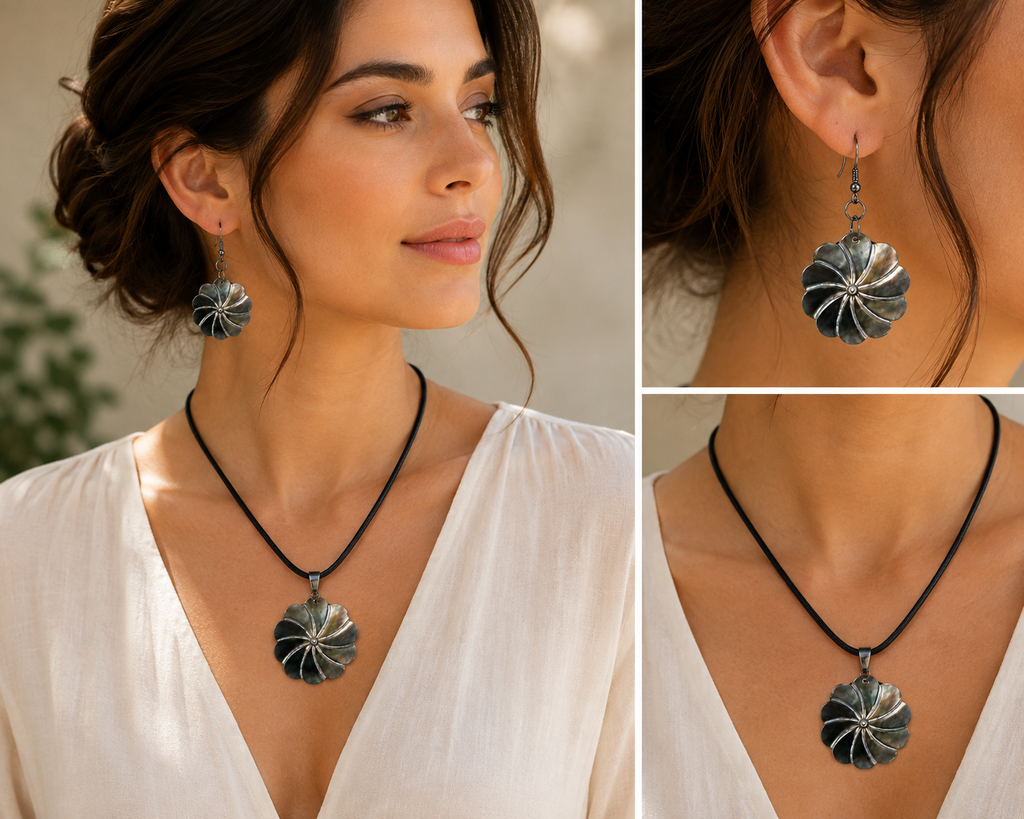 Natural Shell Statement Necklace Earrings Set – Abalone  Mother of Pearl – Heritage TT