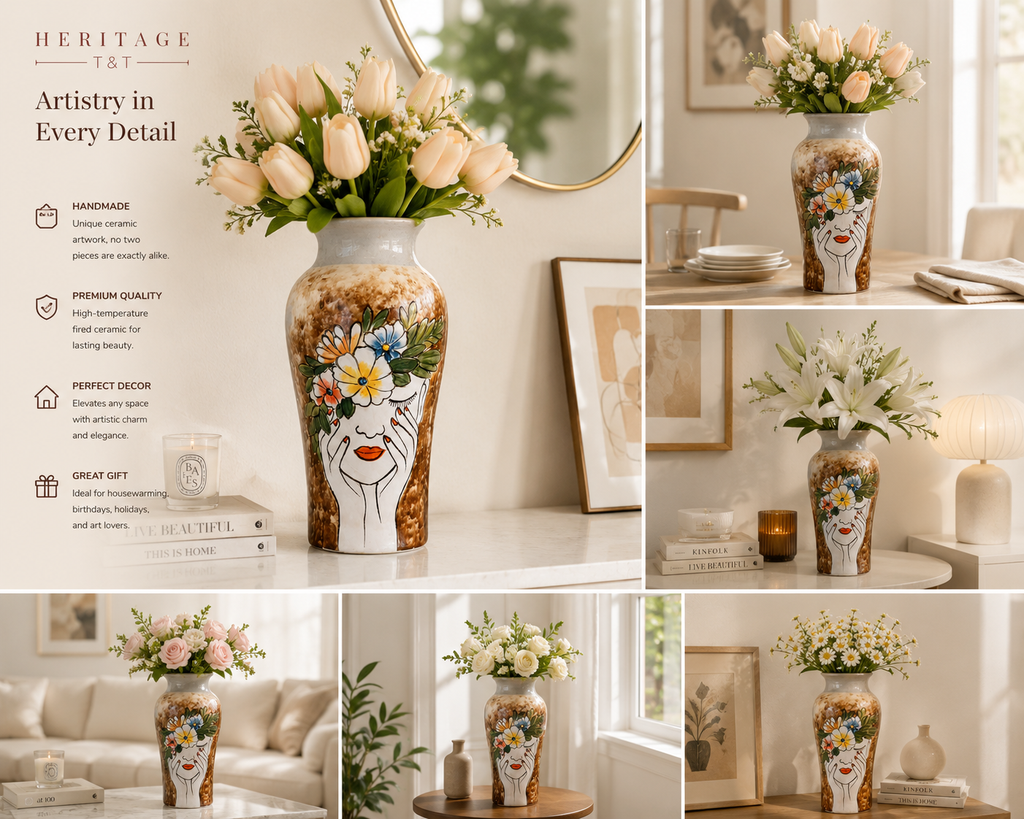 Handmade Mosaic Ceramic Vase – Lady Design  – 26 cm (10.2 in) – Home Décor – Heritage T&T Mosaic Collection – Bat Trang Vietnam