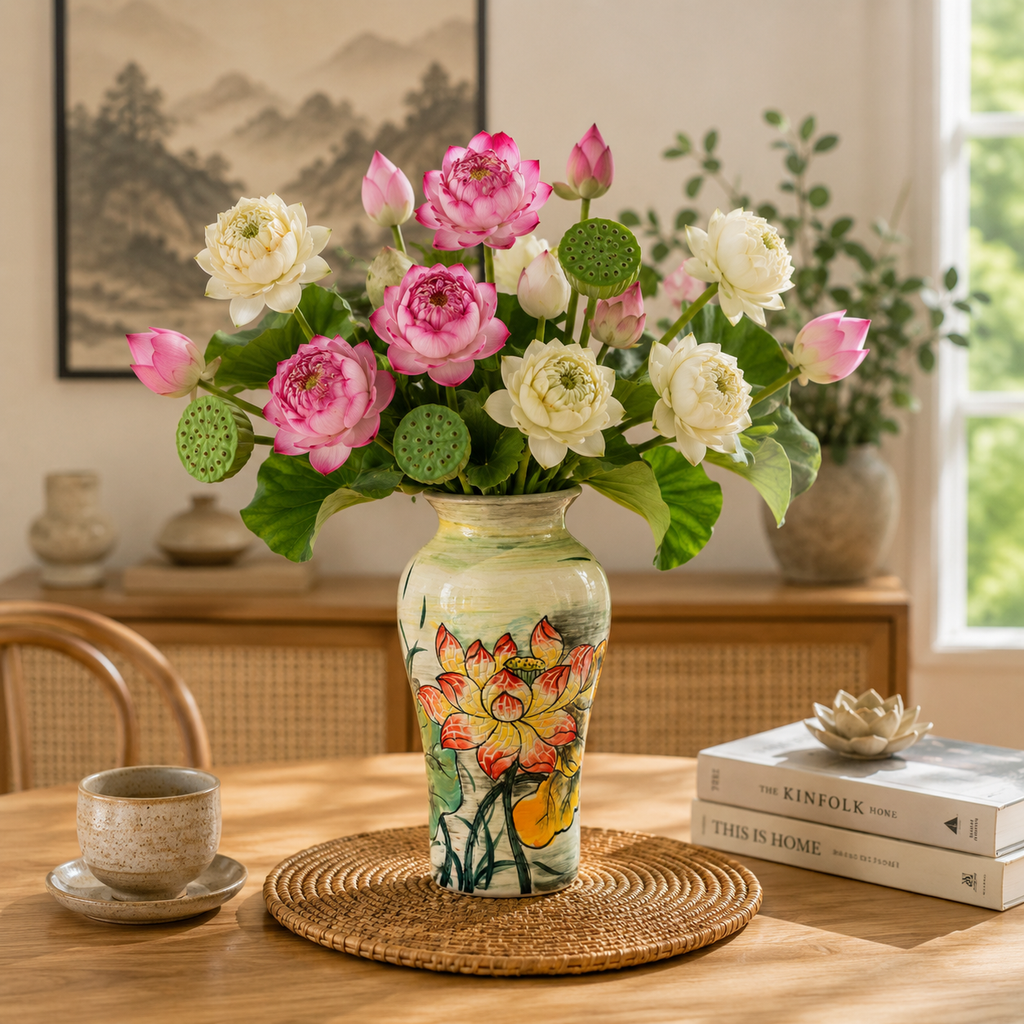 Handmade Mosaic Ceramic Vase – Lotus Design  – 28 cm (11 in) – Home Décor – Heritage T&T Mosaic Collection – Bat Trang Vietnam