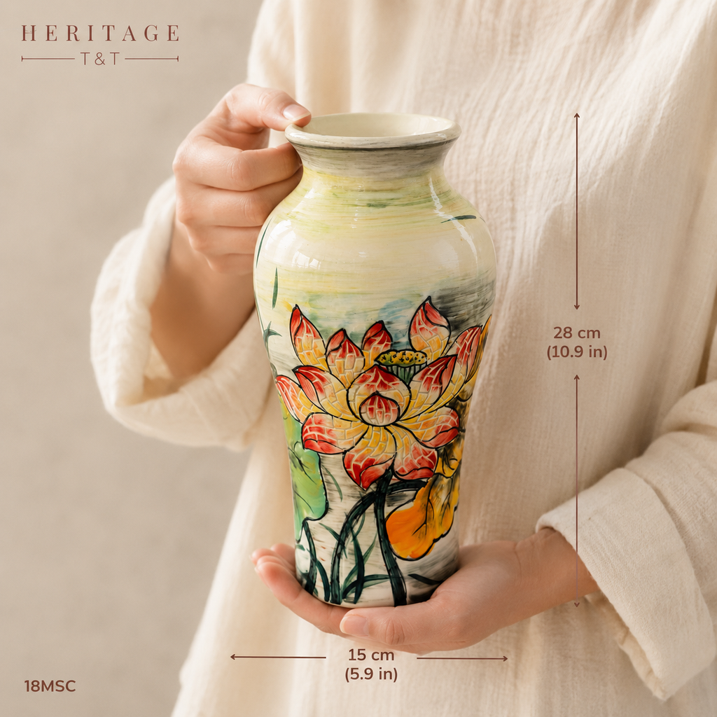 Handmade Mosaic Ceramic Vase – Lotus Design  – 28 cm (11 in) – Home Décor – Heritage T&T Mosaic Collection – Bat Trang Vietnam