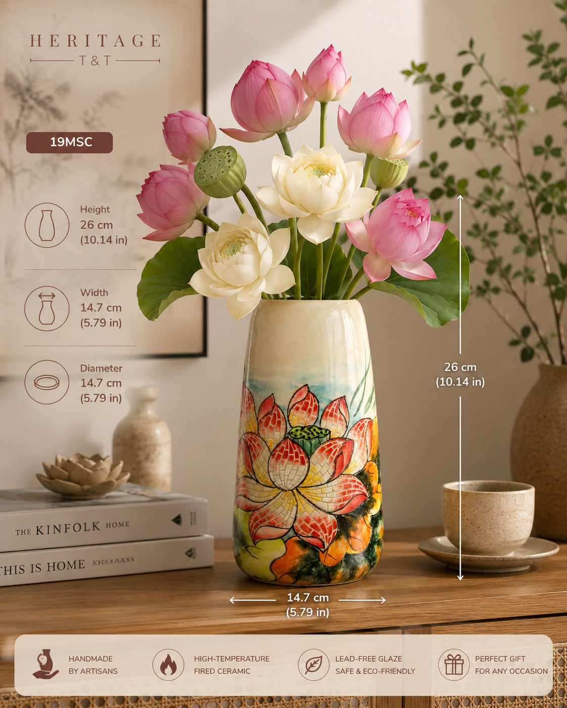 Handmade Mosaic Ceramic Vase – Lotus Design  – 26 cm (10.2 in) – Home Décor – Heritage T&T Mosaic Collection – Bat Trang Vietnam