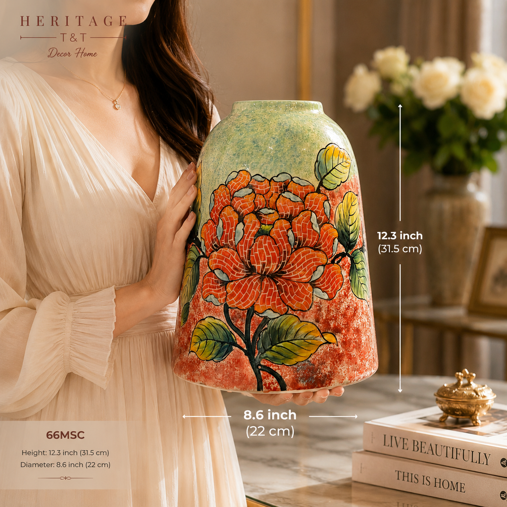 Handmade Mosaic Ceramic Vase – Flower Design  – 31.5 cm (12.4 in) – Home Décor – Heritage T&T Mosaic Collection – Bat Trang Vietnam