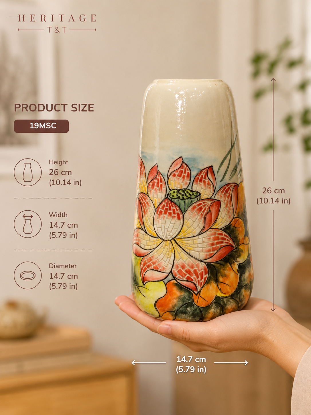 Handmade Mosaic Ceramic Vase – Lotus Design  – 26 cm (10.2 in) – Home Décor – Heritage T&T Mosaic Collection – Bat Trang Vietnam