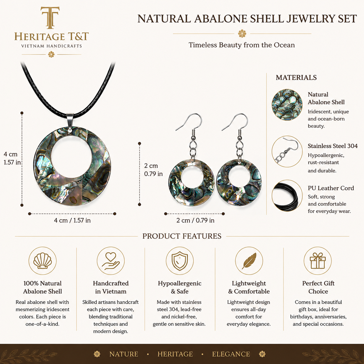 Natural Shell Statement Necklace Earrings Set – Abalone  Mother of Pearl – Heritage TT