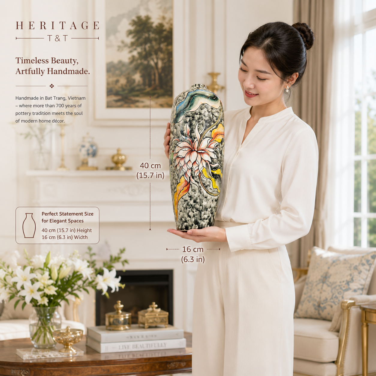 Handmade Mosaic Ceramic Vase – Artisan Design  – 40 cm (15.7 in) – Home Décor – Heritage T&T 3D Collection – Bat Trang Vietnam