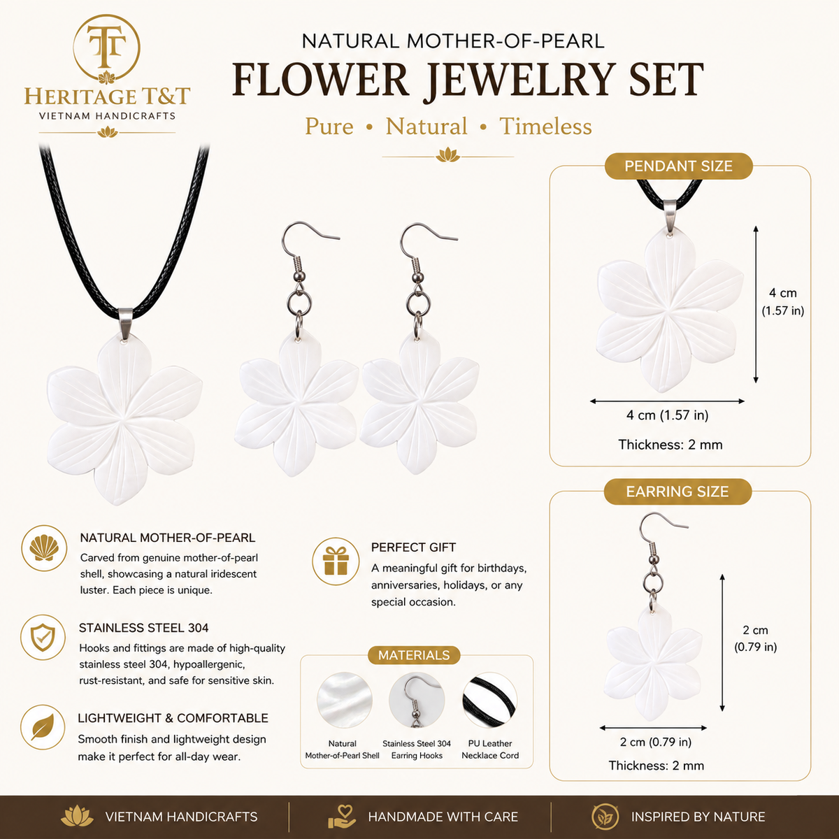 Floral Abalone and Mother of Pearl Necklace and Earrings Set – Heritage TT