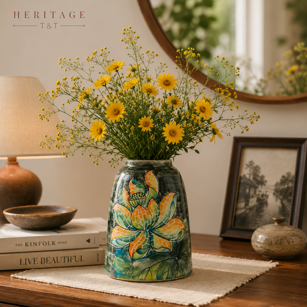 Handmade Mosaic Ceramic Vase – Lotus Design  – 20 cm (7.9 in) – Home Décor – Heritage T&T Mosaic Collection – Bat Trang Vietnam